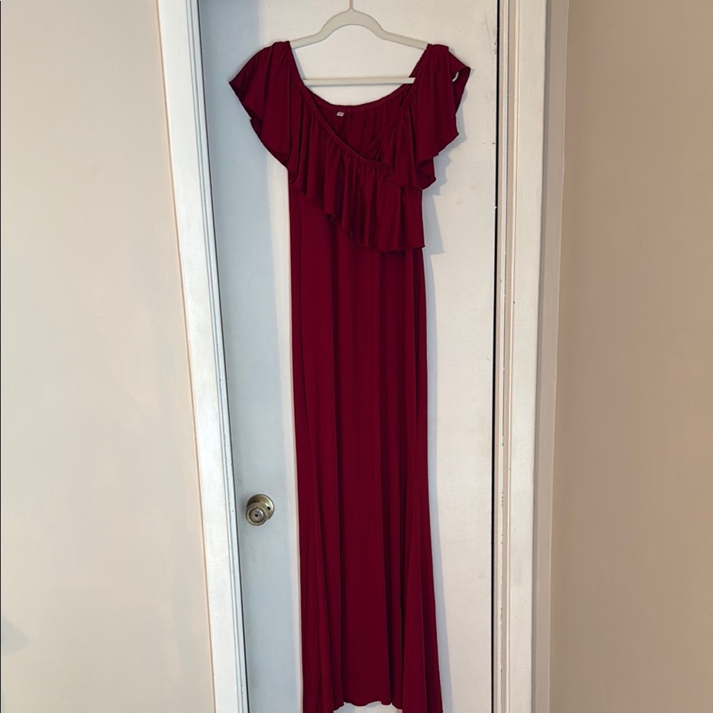 Off the shoulder red maternity dress